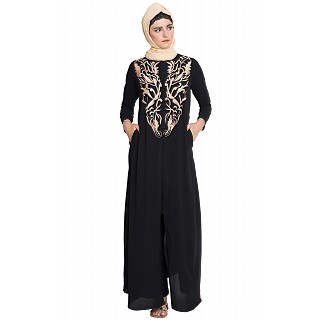 Front open abaya with golden color embroidery- Black